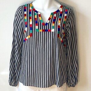 April Sky SZ S Black & White stripe pullover blouse bright color embroidery